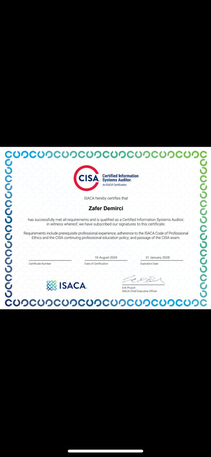 Başkanlığımız İç Denetçisi Sertikalı Bilgi Sistemleri Denetçisi (CISA) Sertifikası almaya hak kazandı.