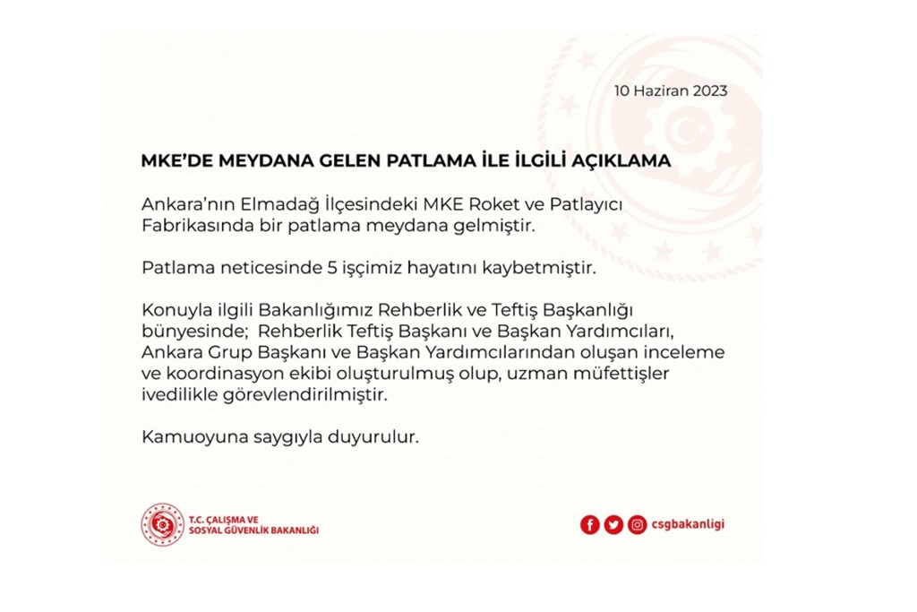 Ankara’nın Elmadağ İlçesindeki MKE Roket ve Patlayıcı Fabrikasında bir patlama meydana gelmiştir.